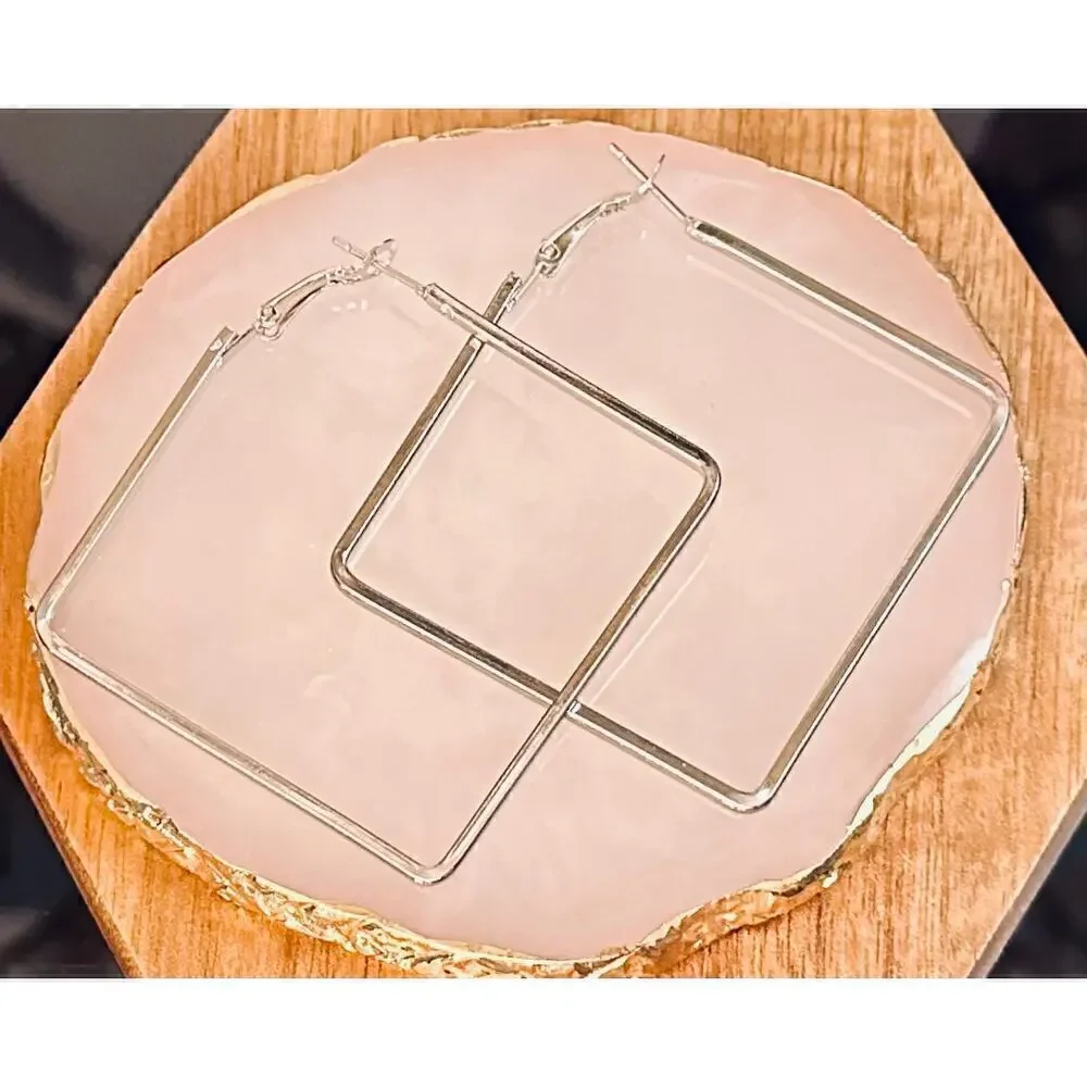 Minimalist Square “Hoop” Silver Tone Earrings